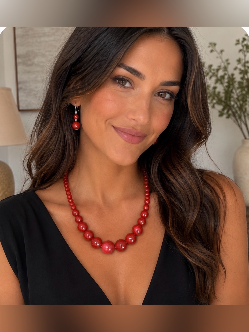 Red Beaded Necklace and Earring Set - Women Jewelry EUC